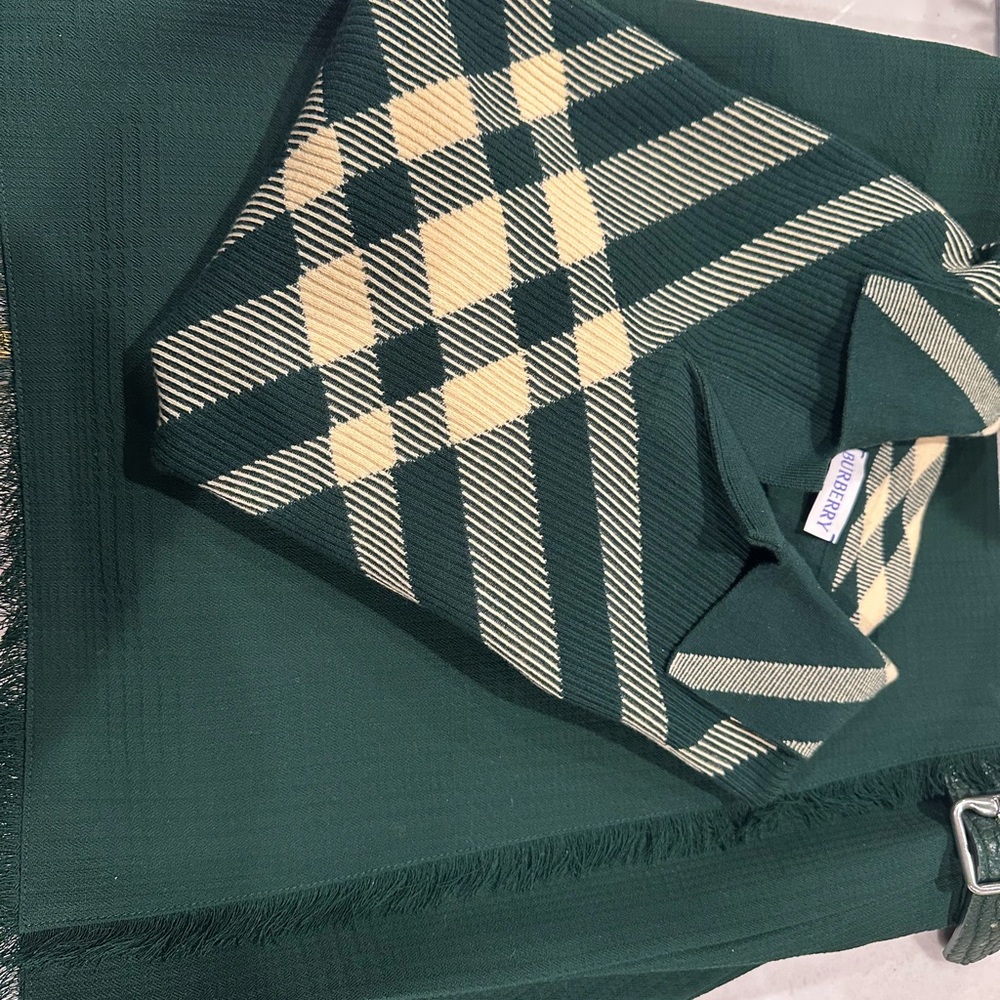 Burberry Check Wool Blend Polo Sweater & Burberry frayed-edge wool pleated skirt